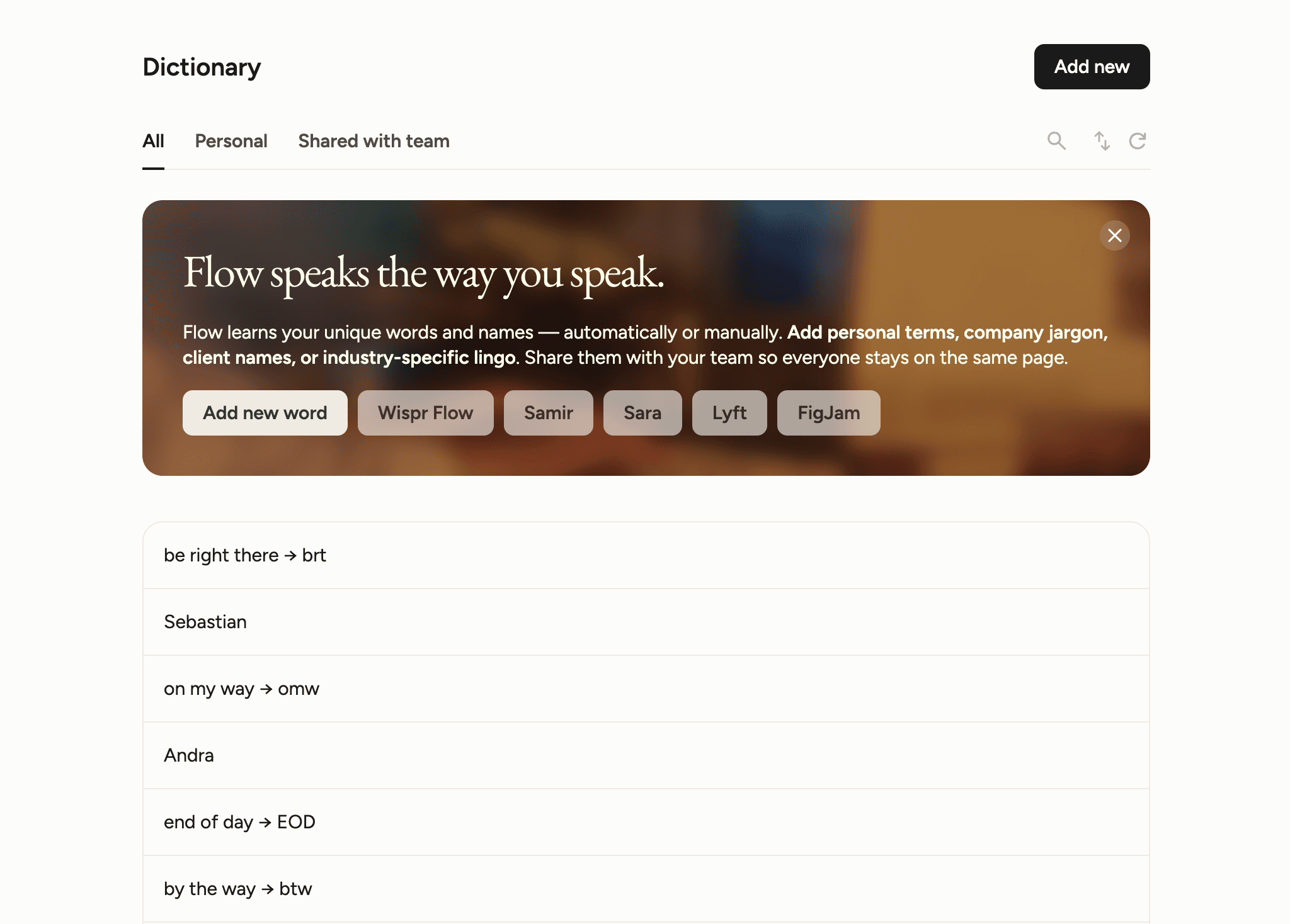 Wispr Flow Dictionary