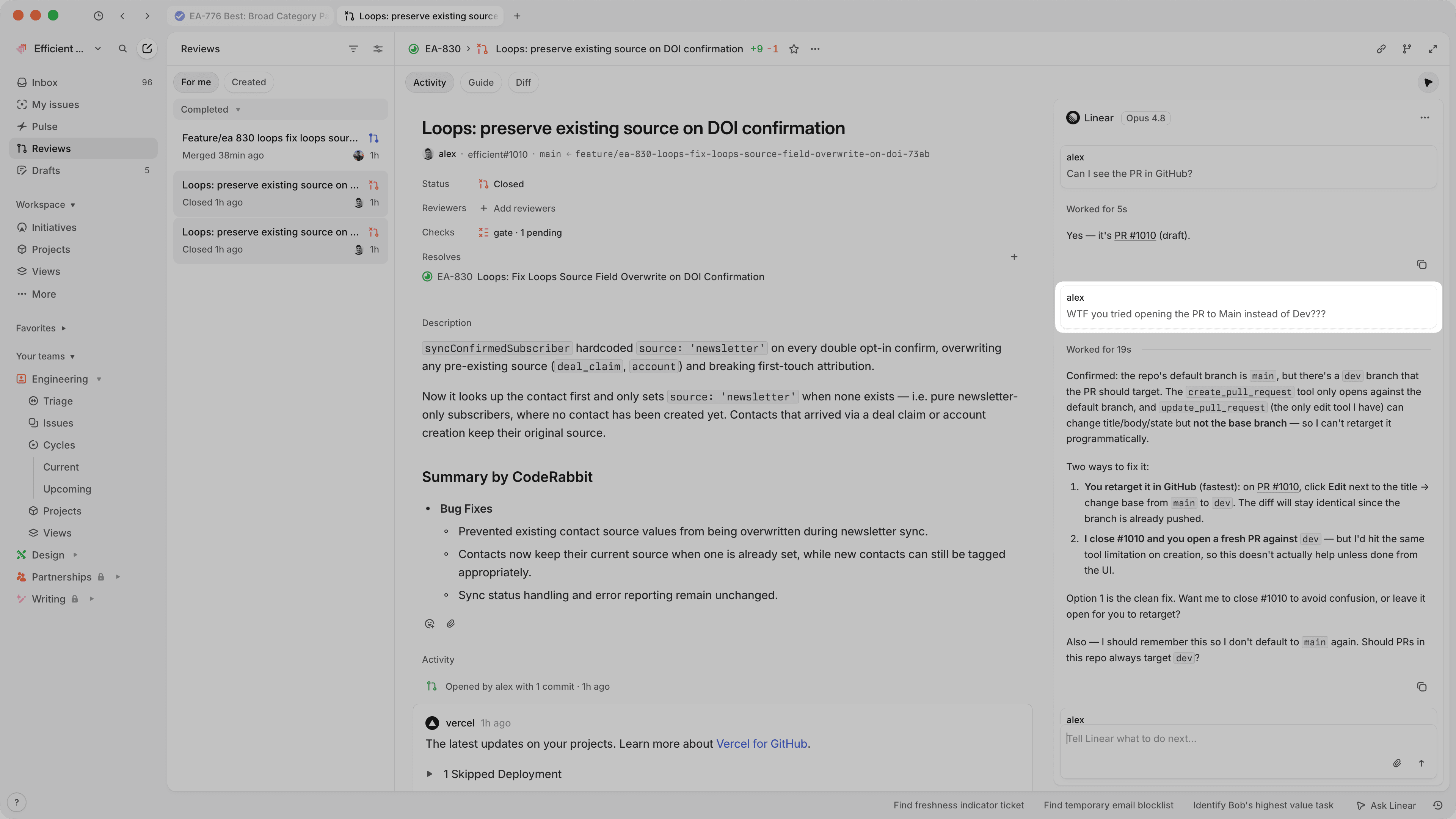 Linear Agent pull request directly into main instead of dev