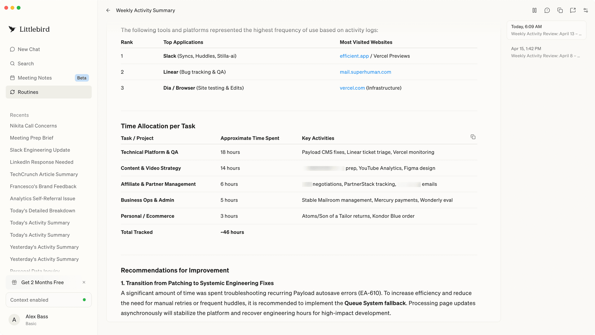 Littlebird weekly activity routine