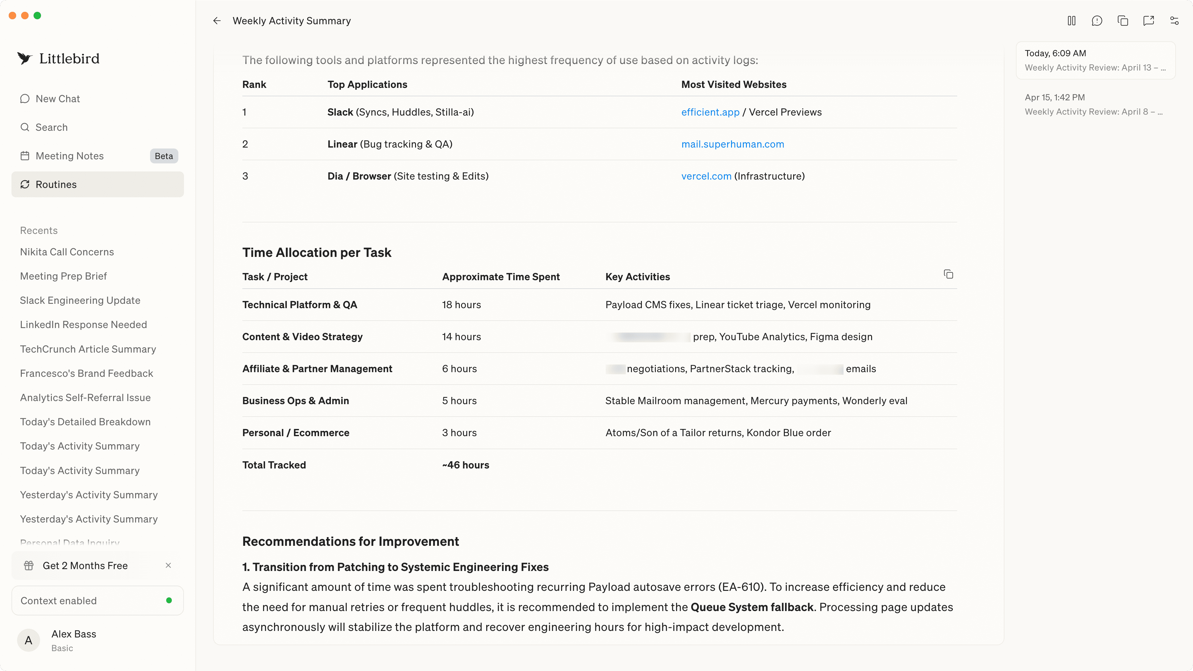 Littlebird weekly activity routine