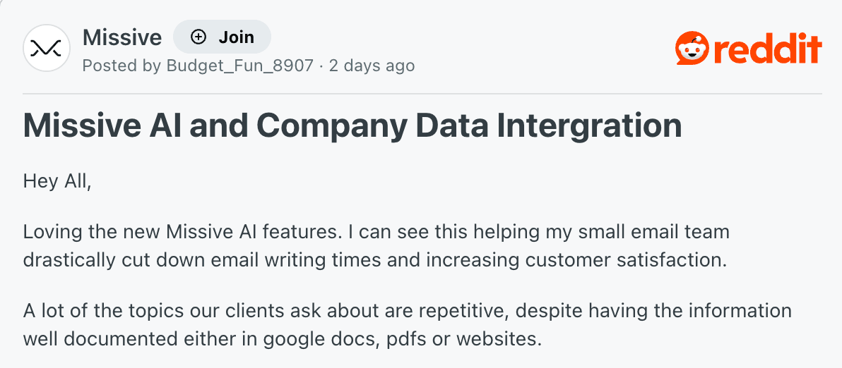 Reddit user explains how Missive's AI has been helping their small team.