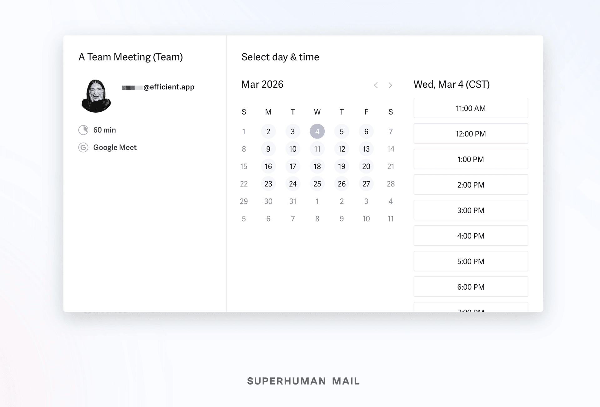 Superhuman Mail Booking Page