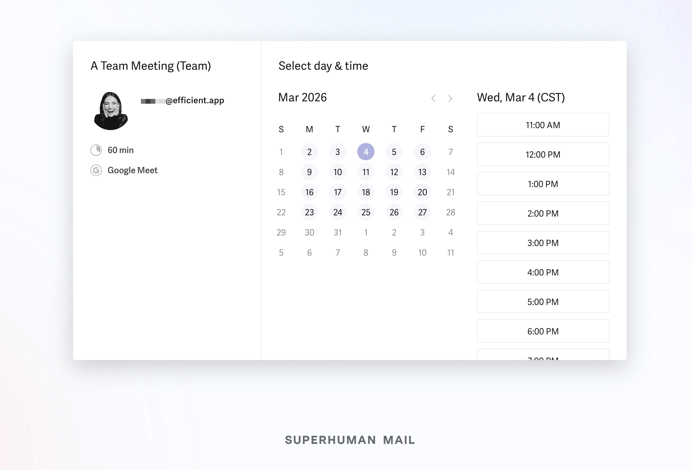 Superhuman Mail Booking Page