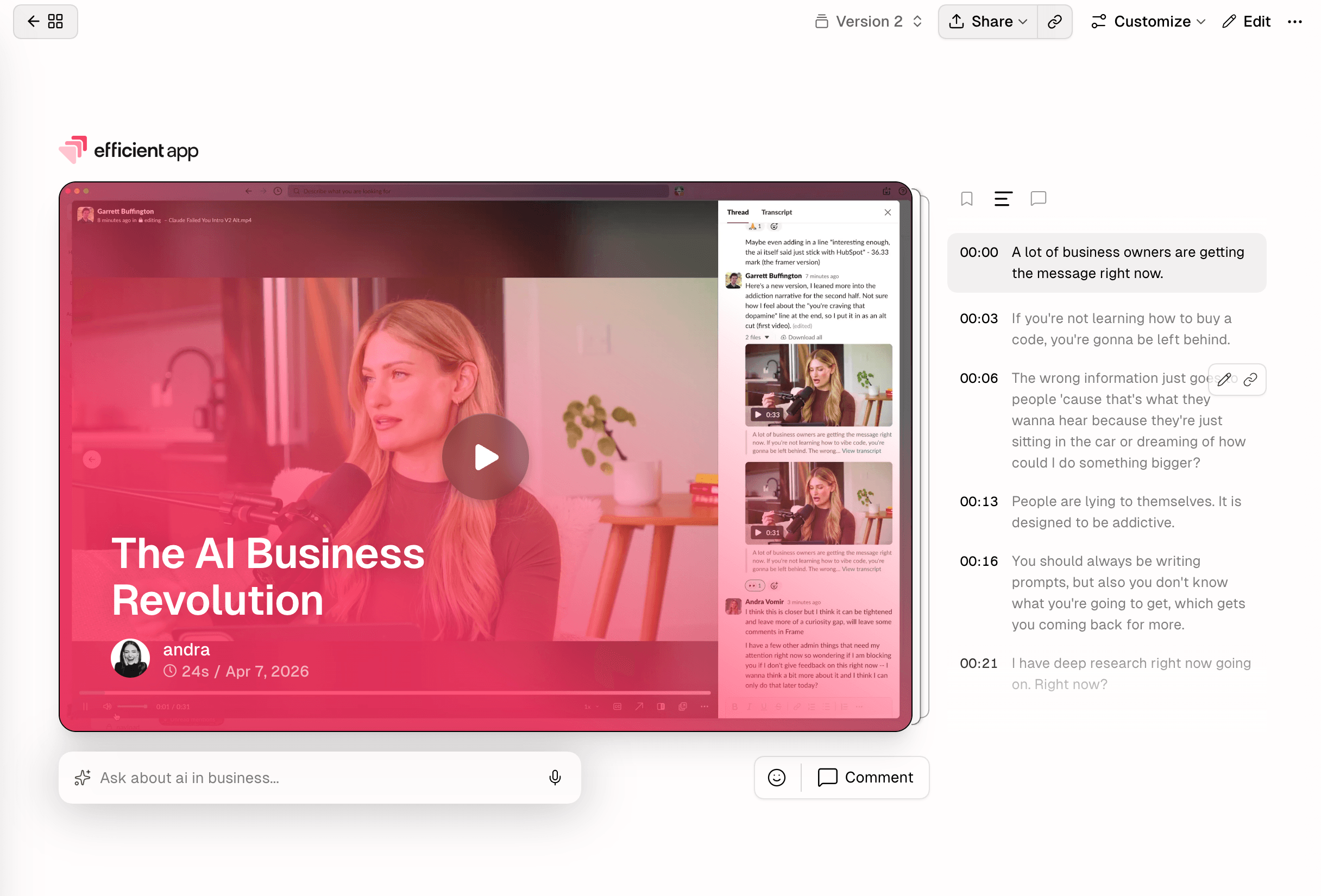 Transcripts view while watching a Supercut video