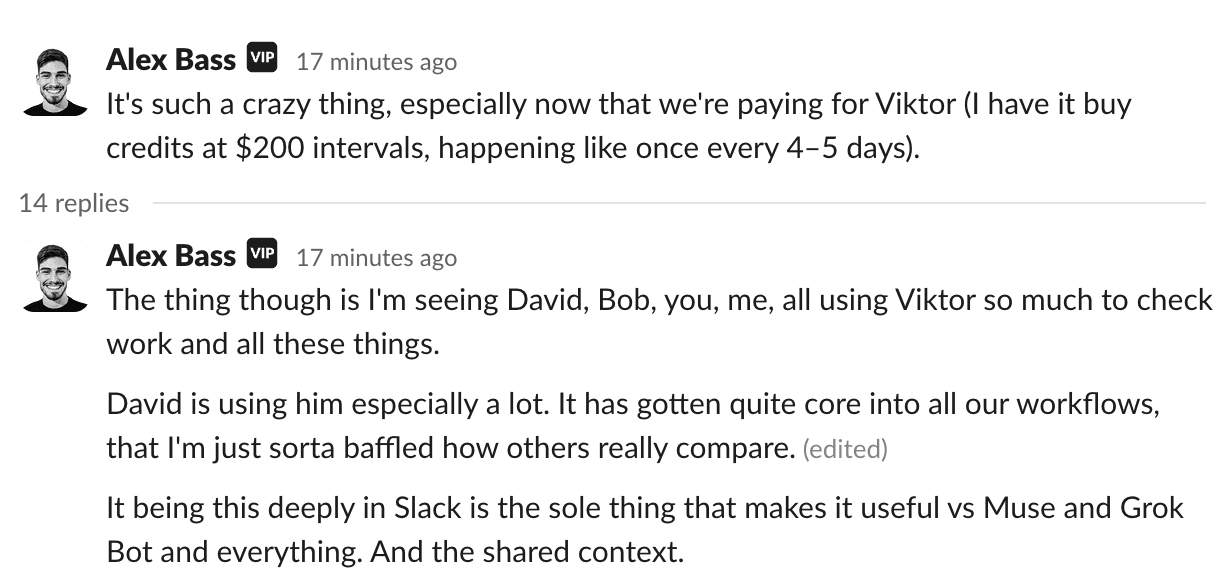 Alex talking about Viktor top-ups in Slack