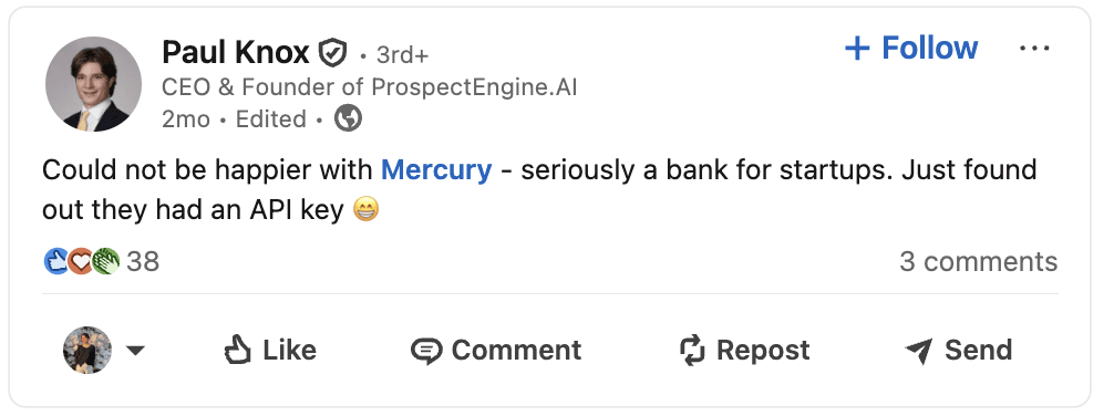 Mercury API key LinkedIn post