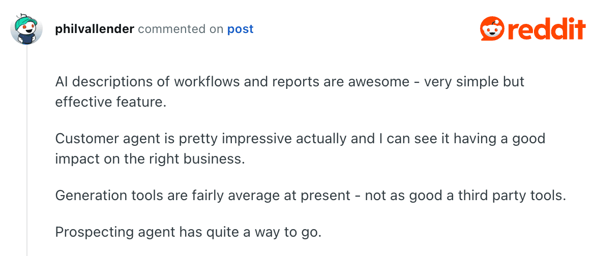 Reddit comment on HubSpots impressive Customer agent