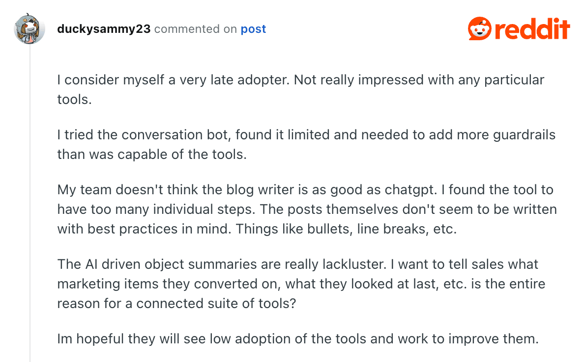 Reddit post with unimpressed HubSpot user who finds HubSpot AI lackluster