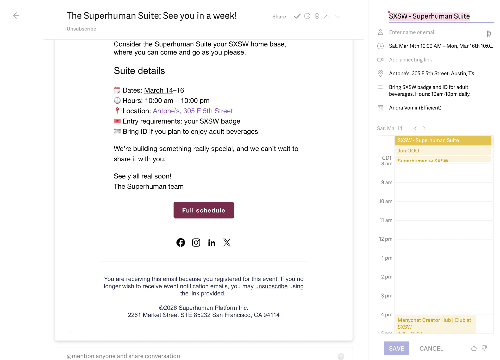 Superhuman Mail Calendar Event Creation